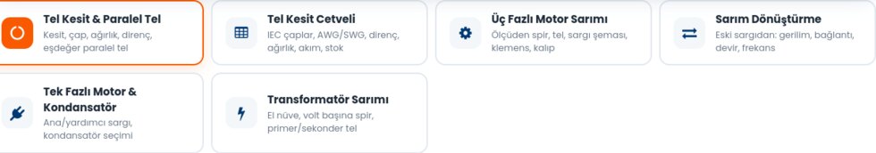 Hesaplama araçları sayfasındaki altı araç